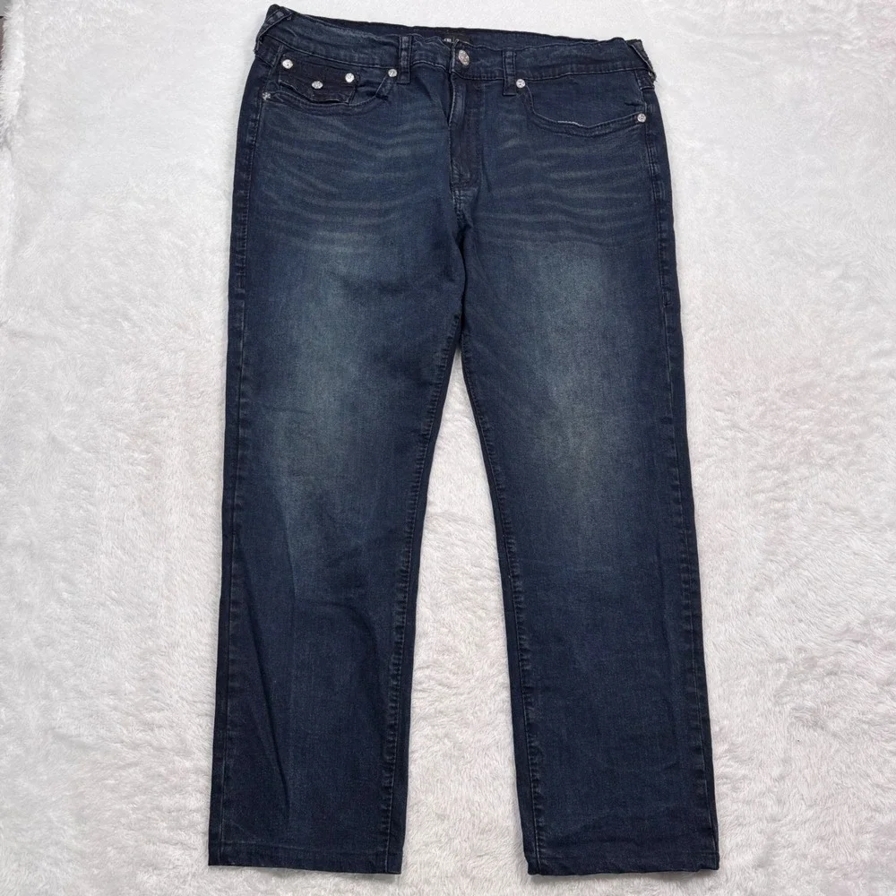True Religion Jeans Geno‎ Relaxed Slim Mens 40x28 Dark Wash Big T Flap Pocket